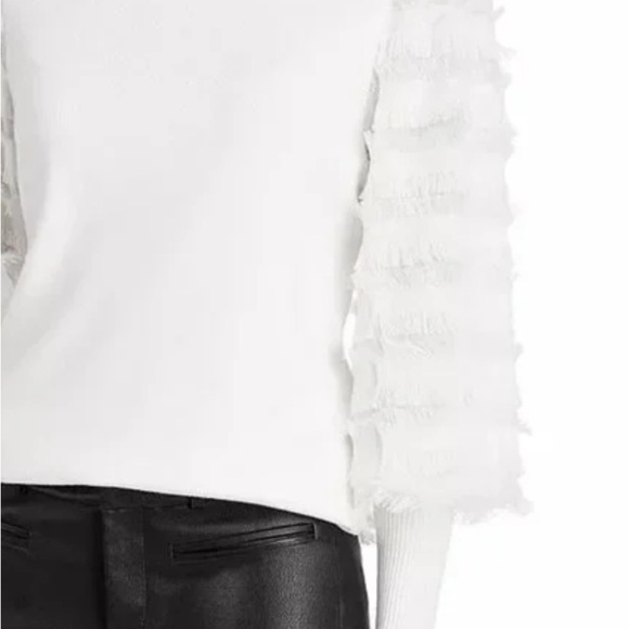 Sioni Milano Jewel Neck Women's White Sweater has Fringe Trim Bishop Sleeves Med - Picture 4 of 9